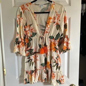 Blue Island Floral Swim Coverup - Cream, Orange, Green Hibiscus Print size Small